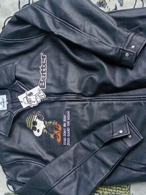 Butter Black Faux Leather Men’s Jacket with Embroidered Graphic Large